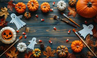 A flat lay featuring Halloween crafts like carved pumpkins, ghost cutouts, and paintbrushes, with an open area for text photo