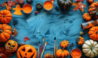 A flat lay featuring Halloween crafts like carved pumpkins, ghost cutouts, and paintbrushes, with an open area for text photo