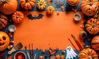 A flat lay featuring Halloween crafts like carved pumpkins, ghost cutouts, and paintbrushes, with an open area for text photo