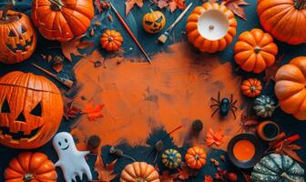 A flat lay featuring Halloween crafts like carved pumpkins, ghost cutouts, and paintbrushes, with an open area for text photo