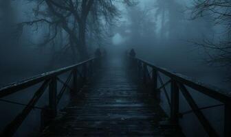 A foggy bridge leading into a dark forest with distant glowing eyes, leaving space at the bottom for text photo
