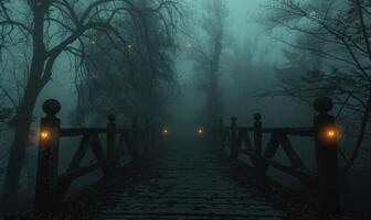 A foggy bridge leading into a dark forest with distant glowing eyes, leaving space at the bottom for text photo