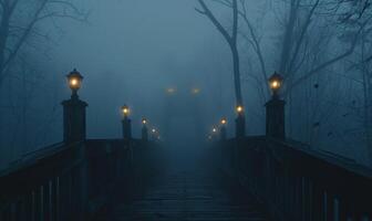 A foggy bridge leading into a dark forest with distant glowing eyes, leaving space at the bottom for text photo