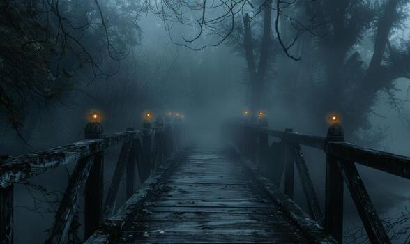 A foggy bridge leading into a dark forest with distant glowing eyes, leaving space at the bottom for text photo