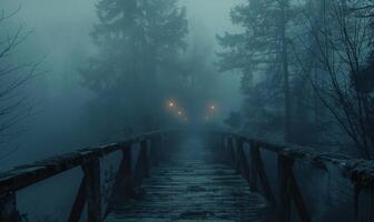 A foggy bridge leading into a dark forest with distant glowing eyes, leaving space at the bottom for text photo