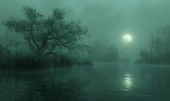 A foggy, moonlit swamp with eerie trees and glowing orbs, with plenty of space on the left for text photo