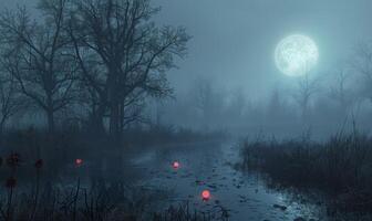 A foggy, moonlit swamp with eerie trees and glowing orbs, with plenty of space on the left for text photo
