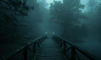 A foggy bridge leading into a dark forest with distant glowing eyes, leaving space at the bottom for text photo