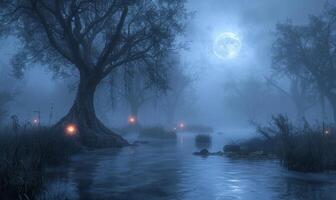 A foggy, moonlit swamp with eerie trees and glowing orbs, with plenty of space on the left for text photo