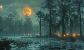 A foggy, moonlit swamp with eerie trees and glowing orbs, with plenty of space on the left for text photo