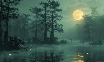 A foggy, moonlit swamp with eerie trees and glowing orbs, with plenty of space on the left for text photo