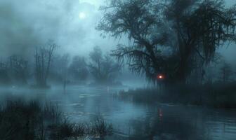 A foggy, moonlit swamp with eerie trees and glowing orbs, with plenty of space on the left for text photo