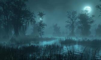 A foggy, moonlit swamp with eerie trees and glowing orbs, with plenty of space on the left for text photo