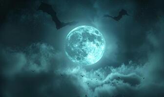 A full moon with eerie clouds and flying bats, with open space at the bottom for text photo