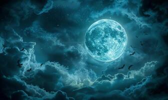 A full moon with eerie clouds and flying bats, with open space at the bottom for text photo