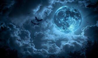 A full moon with eerie clouds and flying bats, with open space at the bottom for text photo