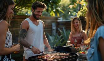 A group of friends enjoying a barbecue in a backyard photo