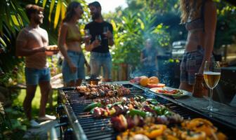 A group of friends enjoying a barbecue in a backyard photo