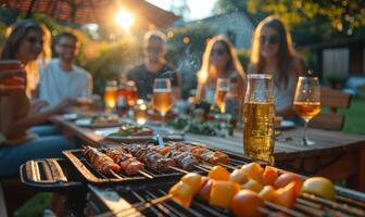 A group of friends enjoying a barbecue in a backyard photo