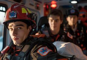 A group of paramedics transporting a patient in an ambulance photo