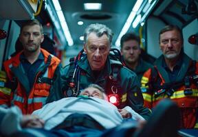 A group of paramedics transporting a patient in an ambulance photo