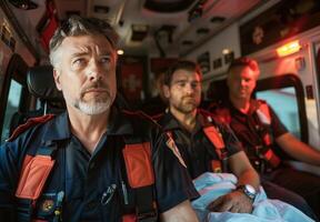 A group of paramedics transporting a patient in an ambulance photo