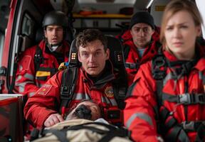 A group of paramedics transporting a patient in an ambulance photo