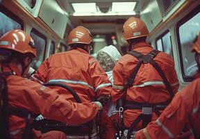A group of paramedics transporting a patient in an ambulance photo