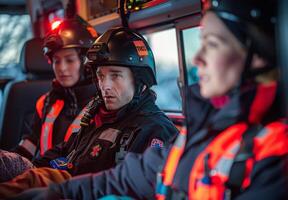 A group of paramedics transporting a patient in an ambulance photo