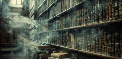 A haunted library with dusty old books and ghostly apparitions, with empty space on the left for text photo