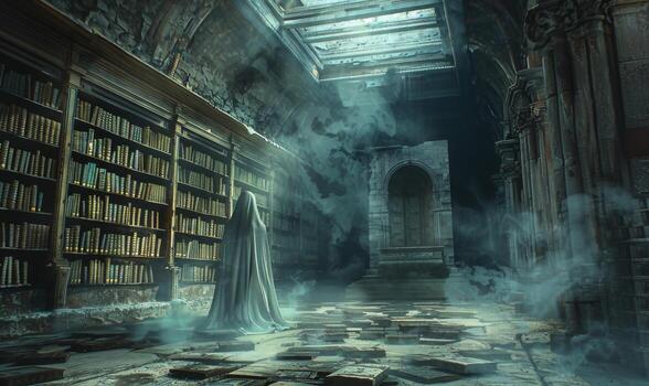 A haunted library with dusty old books and ghostly apparitions, with empty space on the left for text photo
