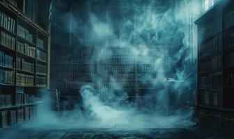 A haunted library with dusty old books and ghostly apparitions, with empty space on the left for text photo