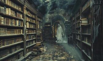 A haunted library with dusty old books and ghostly apparitions, with empty space on the left for text photo