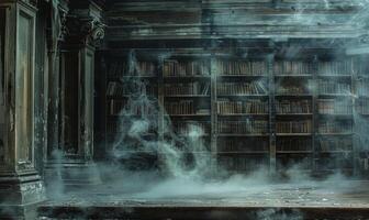 A haunted library with dusty old books and ghostly apparitions, with empty space on the left for text photo