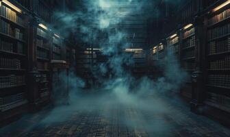 A haunted library with dusty old books and ghostly apparitions, with empty space on the left for text photo
