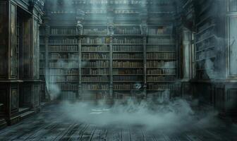 A haunted library with dusty old books and ghostly apparitions, with empty space on the left for text photo