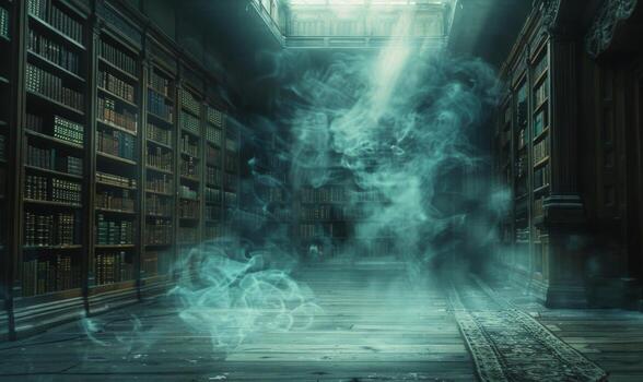 A haunted library with dusty old books and ghostly apparitions, with empty space on the left for text photo
