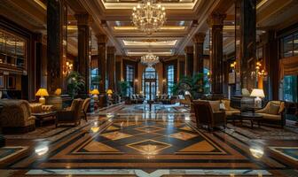 A luxurious hotel lobby with elegant furnishings and a grand chandelier photo