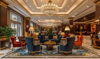 A luxurious hotel lobby with elegant furnishings and a grand chandelier photo