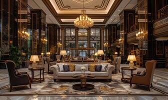 A luxurious hotel lobby with elegant furnishings and a grand chandelier photo