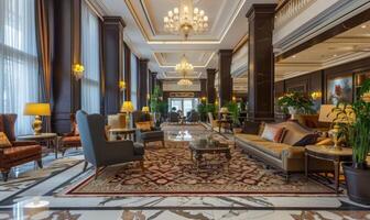 A luxurious hotel lobby with elegant furnishings and a grand chandelier photo