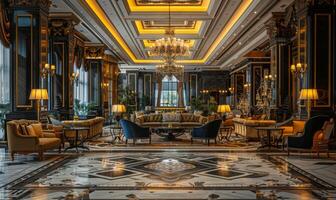 A luxurious hotel lobby with elegant furnishings and a grand chandelier photo