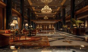 A luxurious hotel lobby with elegant furnishings and a grand chandelier photo