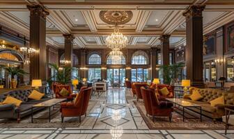 A luxurious hotel lobby with elegant furnishings and a grand chandelier photo