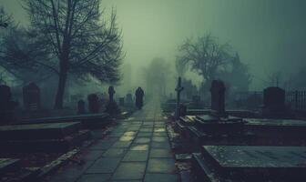 A misty graveyard with eerie tombstones and a ghostly figure in the distance, with open space in the center for a message photo