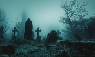 A misty graveyard with eerie tombstones and a ghostly figure in the distance, with open space in the center for a message photo