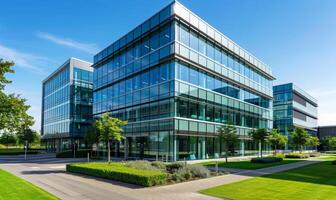 A modern office building with glass windows and green landscaping photo