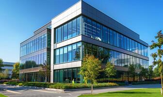 A modern office building with glass windows and green landscaping photo