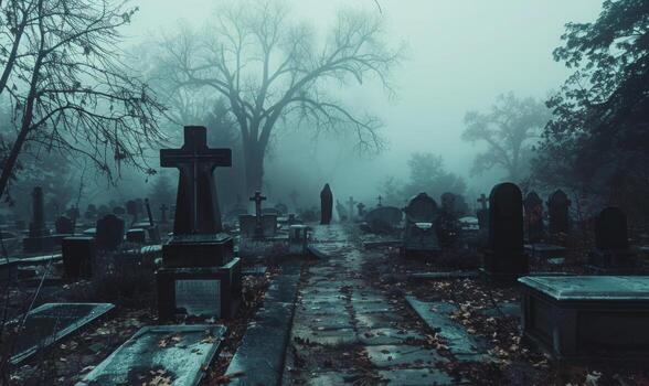 A misty graveyard with eerie tombstones and a ghostly figure in the distance, with open space in the center for a message photo