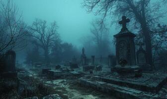 A misty graveyard with eerie tombstones and a ghostly figure in the distance, with open space in the center for a message photo